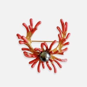 Real Pearl Brooch w/ Coral Design